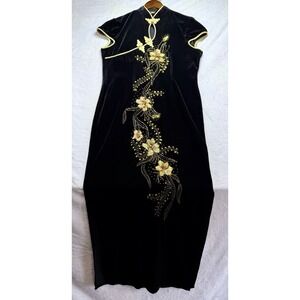 VTG Silver Dragon De Oriental Classic Black Velvet Qipao Maxi Dress Beaded XL